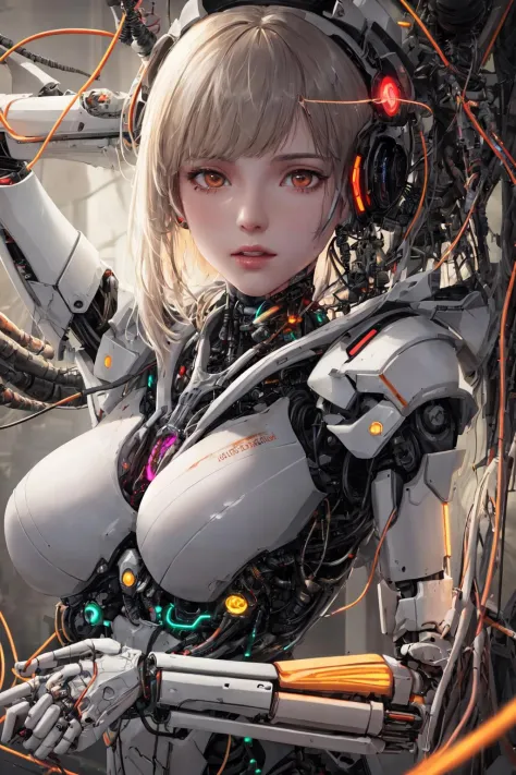1mechanical_girl wearing intricate bioluminescent mechanical cyborg armor made out of (white beige old plastic) , ((ultra realistic details)), detailed_face, global_illumination, shadows, octane_render, 8k, ultra_sharp, metal, ornaments_detailed,  cold_col...