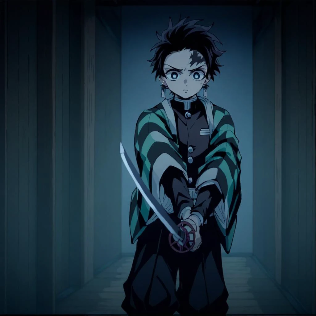 Un niño sosteniendo una espada.  . ropa a cuadros a dos manos, uniforme de cazador de demonios, pantalones negros