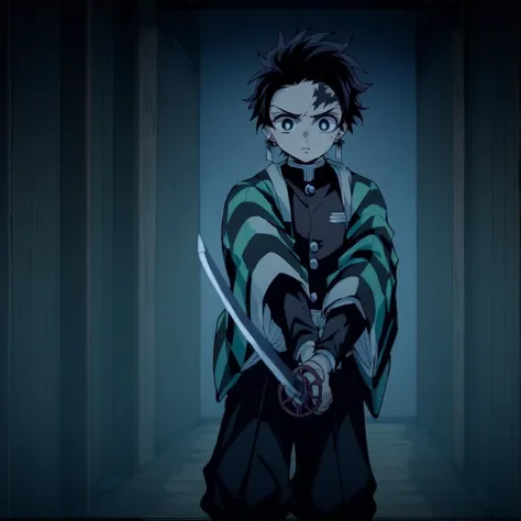 A  boy holding a sword  . two hand   checkered clothes, demon slayer uniform, black pants