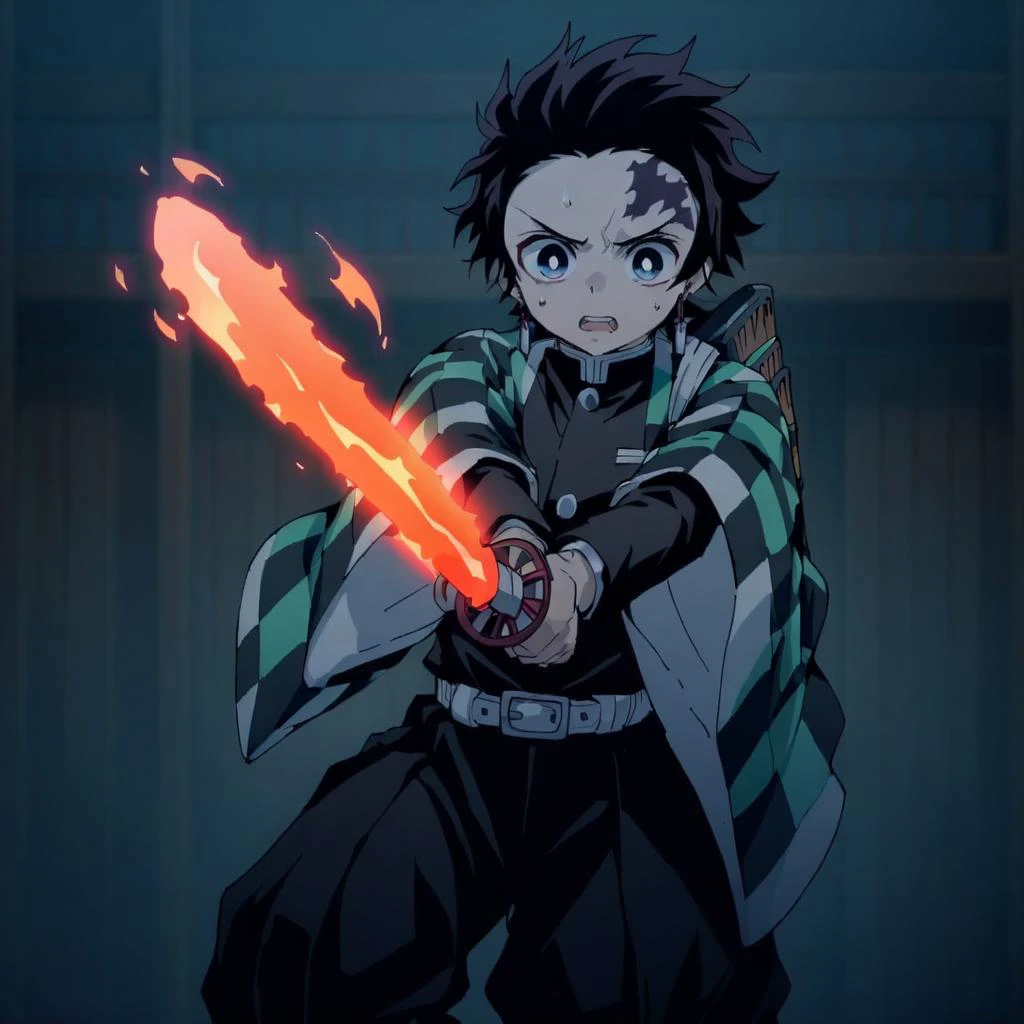 Um menino segurando uma espada de fogo  . roupas xadrez de duas mãos, uniforme de matador de demônios, calças pretas