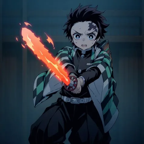 A  boy holding a fire sword  . two hand   checkered clothes, demon slayer uniform, black pants