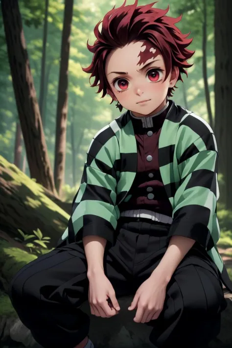 1boy,Juvenal, ultra detailed face
masterpiece, ultra detail, forest,  (upper body:1.4), tanjiro, checkered clothes,demon slayer uniform, black pants, sitting
<lora:tanjiro-000009:0.6>