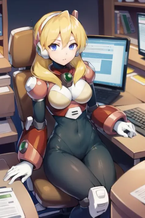 alia_megamanx, 1girl, solo, breasts, blue eyes, blonde hair, android, long hair, robot ears, sitting in chair front of computer,...