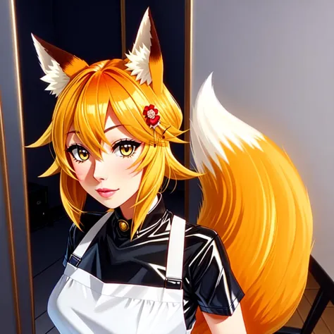 anime girl with orange hair and white apron posing for a picture