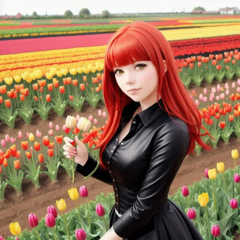 there is a woman in a black dress holding a flower