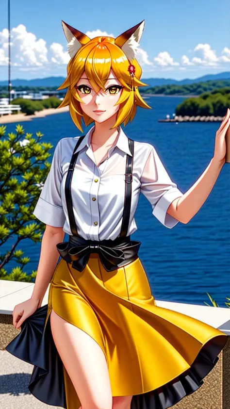 anime girl in a yellow skirt posing by the water