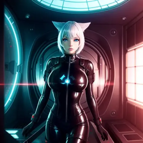 latex, miqote_woman, apocalypse, photorealistic, normal skin, destruction, radioactivity,inside a scifi spaceship, the end of th...