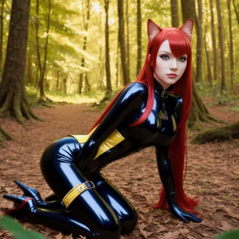 miqote girl, wearing a dragon scale latex catsuit, red hair, yellow eyes, solo, in a dark forest with soft light,