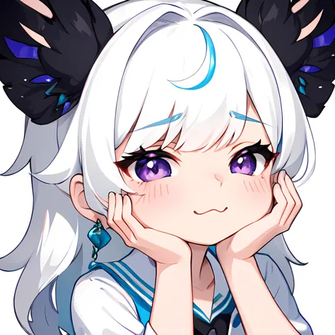 anime girl with white hair and black ears with blue eyes