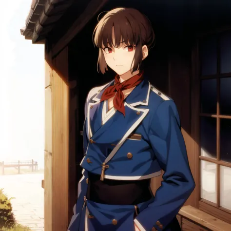 anime character in uniform standing outside of a building with a red bow