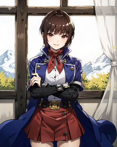 (monestary, window mountain, out-of-focus)
(cowboy shot), sfw,  (masterpiece), (best quality:1.0), (ultra highres:1.0), detailed eyes, detailed clothing texture, beautiful face, Isabeau posing, arms crossed, smiling
brownish-red eyes, saitou masatsugu, blue coat with white trim, gauntlets, skirt, red kerchief
<lora:Isabeau_SMT4:0.4>,   <lora:xeno saitou masatsugu:0.9>