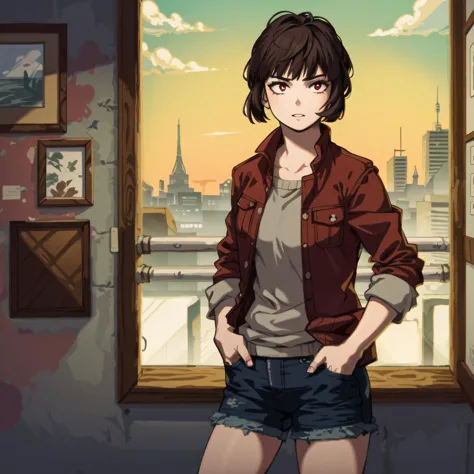 (art gallery, gorgeous view)
(cowboy shot), sfw,  (masterpiece), (best quality:1.0), (ultra highres:1.0), detailed eyes, detailed clothing texture, beautiful face, woman, Isabeau hand in pocket, city paintings on wall
brownish red eyes
horikoshi kouhei
<lora:Isabeau_SMT4:0.5> ,   <lora:horikoshi kouhei:0.7>