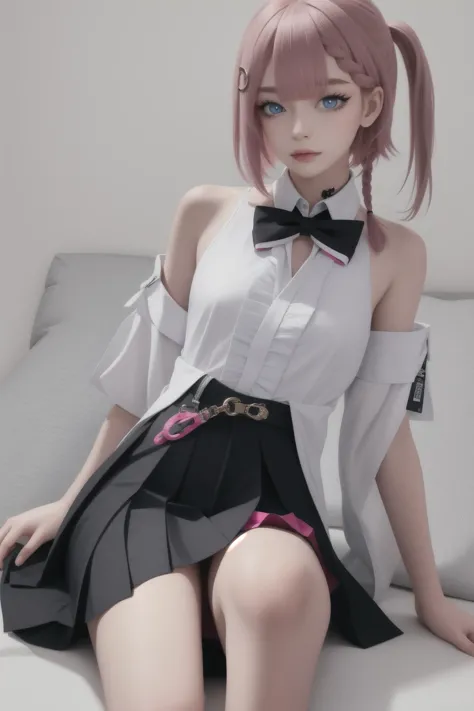 a close up of a person sitting on a couch wearing a skirt