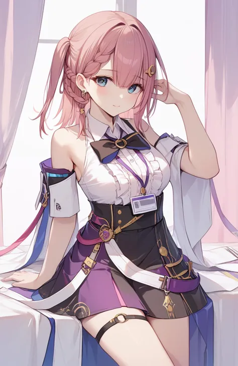 <lora:è¾ä¸å¦²2pony:1>,xtasta,a girl named xtasta,1girl,braid,white shirt,sleeveless shirt,one side up,id card,detached sleeves,black skirt,black bowtie,center frills,collared shirt,thigh strap,, (score_9,score_8_up,score_7_up),(masterpiece,best quality,high quality:1.2),absurdres,