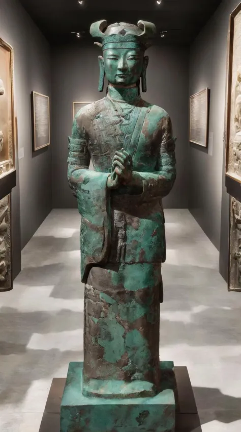 A bronze artifact from over 2500 years ago is on display in a museum,((Bronze Cultural Relics Exhibition)),(Panorama:1.2),((masterpiece, best quality, ultra-detailed)),(((detail))),ray tracing, cinematic lighting,absurdres, highres, ,soothing tones, soft c...
