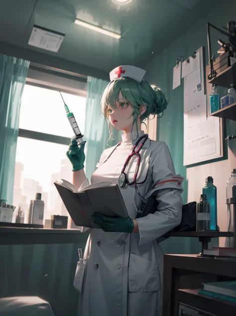 holding syringe ,(holding book:1.15),nurse suit,nurse cap, stethoscope,green gloves, hospital, hospital bed,iv stand,pill bottle...