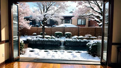 Create a serene setting in Snow Jade Court,with a blossoming cherry blossom tree and falling petals.,
Illustrate Liu Hanyan's el...