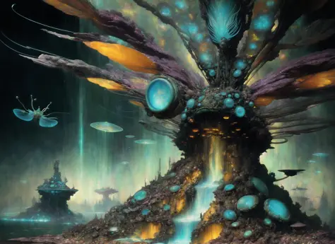 gonzobugs Supernova Achat detailreiches Insektenmonster, cyberpunk seascape, Konzeptkunst in 8K-Auflösung, Was für ein Knochen, Alphonse Mucha, hyperdetailliert, Komplex, hyperKomplex hyperdetailliert, Erstaunlich, ein Wasserfall mit vielen Lichtern und einem Gebäude im Hintergrund mit einem Himmelshintergrund und einem Wasserfall, Albumcover, pixiv, Abonnieren, Biolumineszenz KUNST VON (Apterus:1.5) Stil