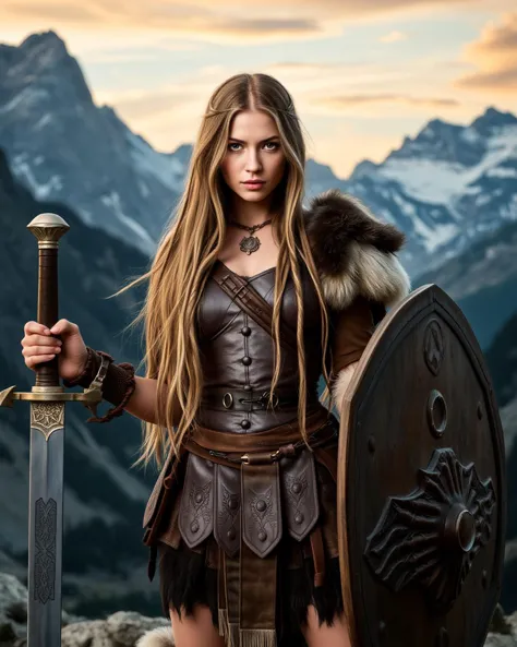 A beautiful Barbarian queen standing tall in a majestic mountainous landscape. She has long, flowing hair adorned with multiple long thin braids. Her eyes are fierce and determined, conveying strength and wisdom. She wears ornate leather armor trimmed in fur, decorated with intricate patterns. In one hand, she holds a mighty sword, and in the other, a ceremonial shield. Her presence is commanding and regal, blending beauty with an aura of invincibility. The backdrop includes towering mountains and a sky painted with the hues of dawn.