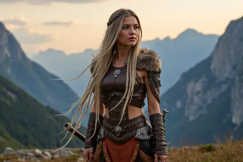 A beautiful Barbarian queen standing tall in a majestic mountainous landscape. She has long, flowing hair adorned with multiple long thin braids. She is around 40 years old but still quite beautiful with slight gray starting in her hair. She wears ornate leather armor trimmed in fur, decorated with intricate patterns. She carries a mighty sword strapped on her back. Her presence is commanding and regal, blending beauty with an aura of invincibility. The backdrop includes towering mountains and a sky painted with the hues of dawn.