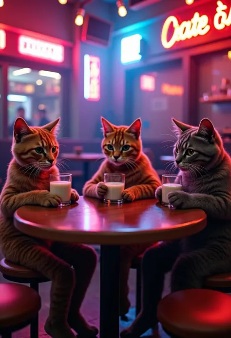 three humanoid cats sitting at round table drinking milk from glass in nightclub with neon lights.