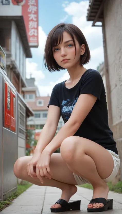 Stable_Yogis_PDXL_Positives  , score_9, score_8_up, score_7_up, score_6_up, 
 sensitive, 1girl, solo, looking at viewer, blush, short hair, blue eyes, shirt, black hair, closed mouth, collarbone, full body, short sleeves, thighs, outdoors, sky, shorts, day, cloud, black footwear, feet, blue sky, black shirt, legs, toes, short shorts, bare legs, sandals, squatting, t-shirt, building, toenails, white shorts, toenail polish, can, platform footwear, contrail, vending machine