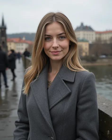 cinematic pphoto from above, waist up shot, sharp focus, a beautiful (Czech:1.3) woman in foreground, in Prague, at the Charles Bridge, river in background, overcast rainy day, wearing long grey wool coat, warm rich color palette