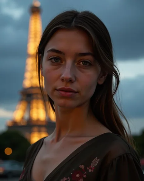 Eiffel Tower, 18 Year Old Princess, Warm Lighting, Cloudy Night, High-res, finely Detailed Skin, Sharp Focus, (Cinematic Lighting), Dynamic Angle, Looking At Viewer, Fashion, (Simple Background, Simple Soothing Background:1.1), (Head Tilt:1.4), , cinematic, dark, high contrast, intricately detailed eyes, real skin textures, light reflections in the eyes, detailed eyebrows, real skin texture, slight skin blemishes, imperfect skin, skin pores, blush, goosebumps, translucent skin, subsurface scattering, slight fine wrinkles