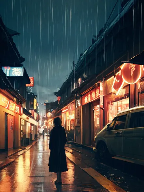 score_9,score_8_up,score_7_up,score_6_up,score_5_up,score_4_up,A wide angle photograph of cinematic street scene at night in tokyo. In the frame is a sad and beautiful japanese woman waiting at a bus stop in Tokyo at night for the lover that will never come, alone, sad, rain, lonely, Tokyo neon lights, Tokyo convenience store, Tokyo at night