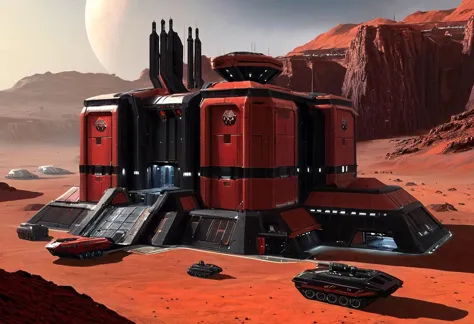 red and black sci-fi large boxy Tiberian outpost with hanger ,scifistyle, cinematic scifi, outdoors, scenery, mars science_fiction, art by mooncryptowow