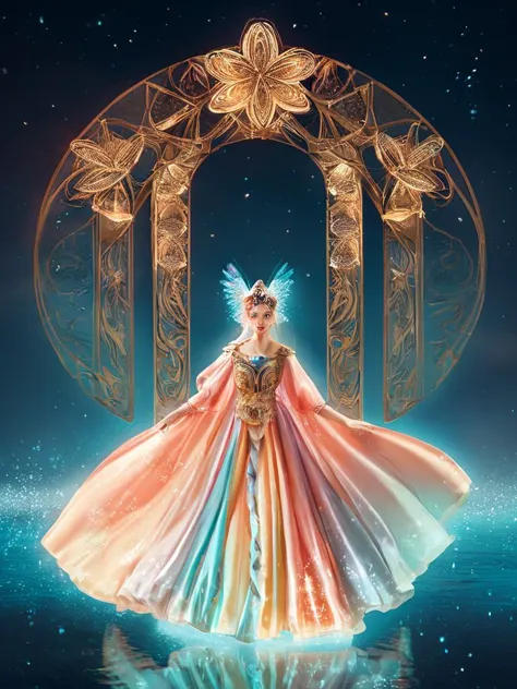 score_9,score_8_up,score_7_up,score_6_up,score_5_up,score_4_up,mythp0rt,Midjourney_Whisper, An iridescent, luminescent, and diaphanous gown adorns a solitary female figure. Her posture is demure, head gently bowed, and illuminated by a celestial glow emanating from her attire.  The gown, a cascading symphony of blues and purples, shimmers with thousands of embedded points of light that evoke a starry night sky.  Her wings, a kaleidoscope of prismatic shards, spread outward, catching the light and refracting it in a dazzling spectacle of color. The setting is crepuscular, a liminal space where darkness bleeds into a radiant, otherworldly light.  The figure stands on a reflective surface, her image mirrored in the depths below. Focus on the interplay of light and shadow, the ethereal quality of the gown, and the breathtaking beauty of the wings. Utilize a chiaroscuro lighting style with a soft, ethereal quality, emphasizing the dreamlike atmosphere.  The background should depict a twilight sky with a multitude of stars, hinting at a vast and magical world beyond.  Add subtle details like glowing particles floating around the figure and a gentle breeze rustling her gown to enhance the sense of wonder and enchantment.