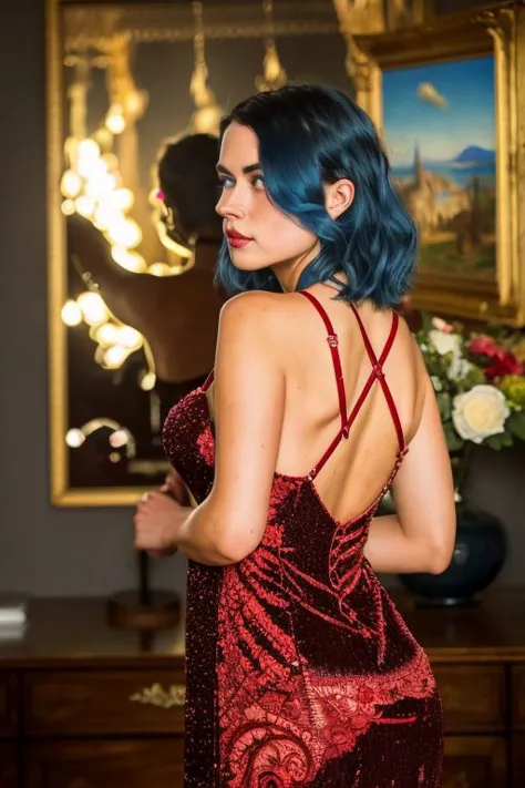 Portrait of an female 29 years old, jewelz blu, full body, wearing a red dress, blue eyes, blue hair, intricate details, highly detailed, slate atmosphere, cinematic, normal colors, normal shot, colorful colors, film grain, lut, horny,  <lora:JewelzBlu-V1.3.1:1>, Realism, RTX, Shaders, Natural Lighting, ((high quality:1.2, masterpiece:1.2)), absurdres, high resolution, (8k resolution), 8k, 8kres, 8k res, high details, detailed and intricate, intricate details, high intricate details, absurd amount of details, super resolution, ultra hd, megapixel,