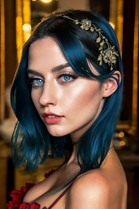 a woman with blue hair and a gold headband