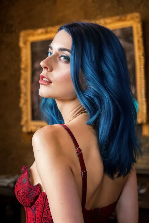 a woman with blue hair and a red dress posing for a picture