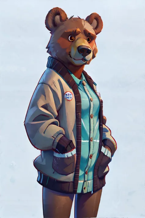 <lora:modillsoft:0.8>, grizzly bear wearing Varsity Cardigan, masterpiece, 8k, high resolution, shallow depth of field, sharp focus