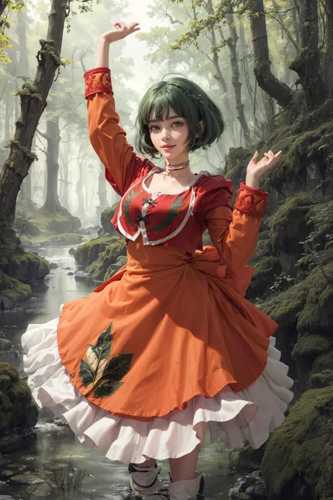 (8k, RAW photo, best quality, masterpiece), (realistic, photo realistic:1.25),
(ultra-detailed green hair),fullbody,looking at viewer
,<lora:TO_oersted-09:0.9> farah oersted,red cropped jacket, dress, bow, choker,Orange dress with green leaf pattern,white long inner skirt
,Raise hands above head and wave them, Forest Village