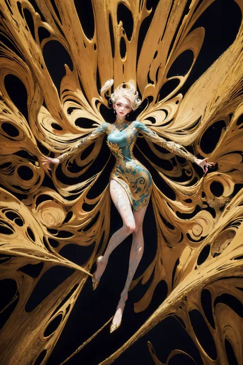 a woman in a gold dress is flying through the air