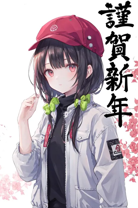 masterpiece, best quality, highres, 1girl happy new year <lora:happy_new_year_kanji:1> jacket, hat, hand up