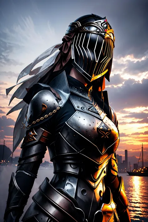 a close up of a person in armor standing near a body of water