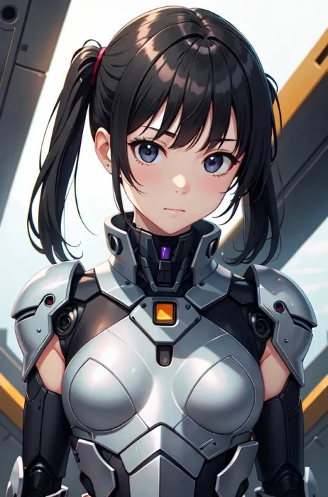 masterpiece,best quality,upper body,1girl,mecha,色彩,airbrush \(medium\),move chart,crossed bangs,small breasts,black eyes,:>=,fir...