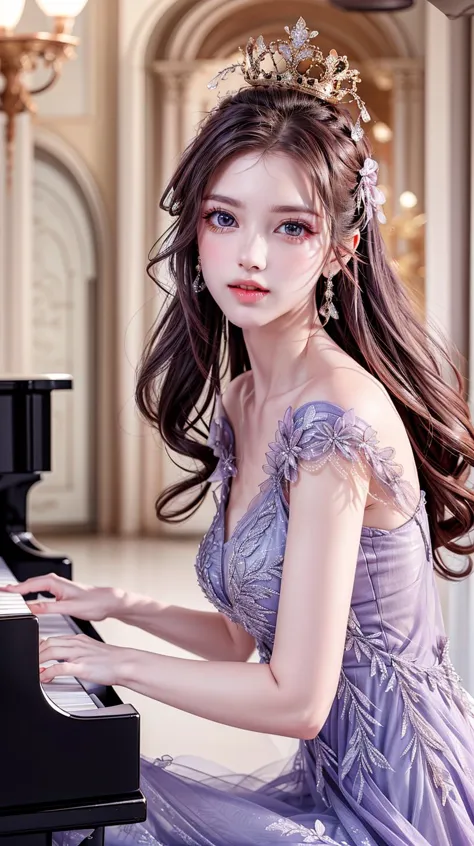 masterpiece,best quality,(detailed face, perfect face, perfect eyes, realistic eyes, perfect fingers),(clear face),fantasy girl,long hair,hair ornaments,looking at viewer,outdoors,intricate,high detail,sharp focus,dramatic,beautiful girl,(ballroom:1.3),playing piano,piano,knees up, 
<lora:add_detail:0.8>,
<lora:Romantic brilliant violet_20230707135607:0.75> purple dress, crown,