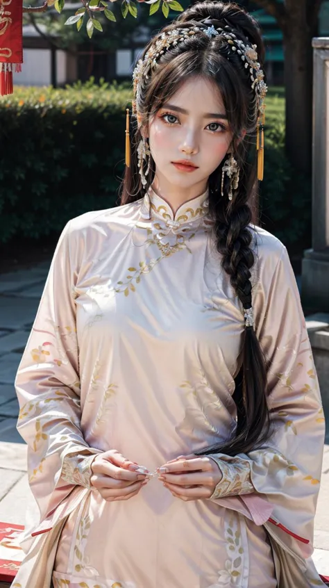 a woman in a traditional chinese dress poses for a picture