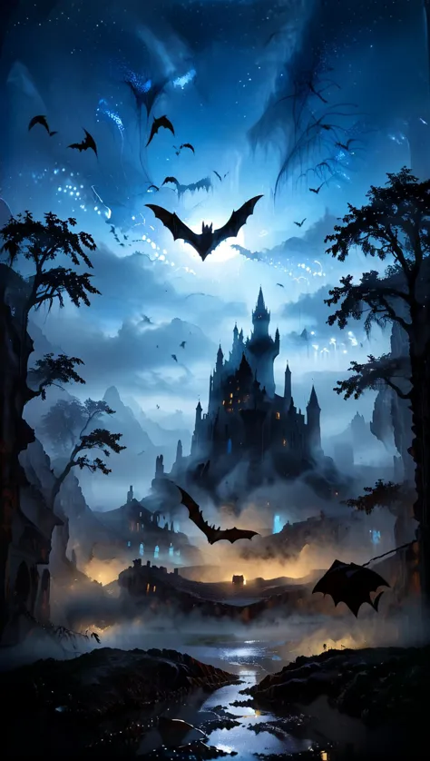 a painting of a castle with bats flying over it