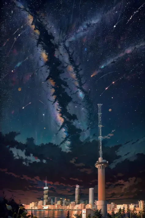 a view of a city with a tall tower and a sky full of stars