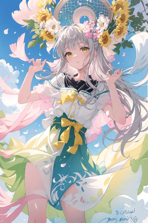 (flat color:0.9),(colorful:1.1),(masterpiece:1,2), best quality, masterpiece, highres, original, extremely detailed wallpaper, looking at viewer, minato_yukina, 1girl, solo, grey hair, yellow eye, Beautiful girl, Freshness, Natural beauty, Floral scenery, Summer, Outdoors, Relaxation, Watercolor painting, Hand-drawn, Graceful, Soft, Bright, Elegant, Fresh, Light, Pink, Green, Gentle, Captivating, Relaxed, Natural, Standing, Transparency, Natural light, Flowing hair, Scattered petals, Gaze towards the viewer,Portrait  <lora:minatoyukinaV00:0.6>