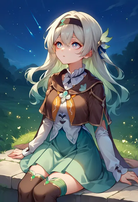 <lora:pottsness_style_xl:1>   <lora:ChamFireflyPonyXL:0.7> Firefly, blue pupils, long hair, black hairband, hair ornament, brown capelet, frilled collar, white shirt, long white sleeves, green skirt, gradient thighhighs, sitting, looking up, night sky,, score_9, score_8_up, score_7_up, source_anime,