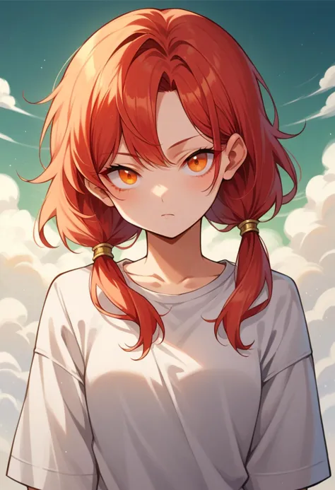 a woman with red hair and yellow eyes standing in front of a cloudy sky