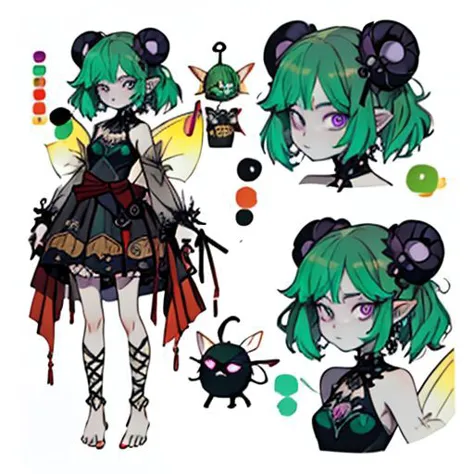 gotisch, Anime-Serie, evil Fee,ein kurzes zerrissenes Kleid, rote Nägel, lange hellgrüne Haare, böses Gesicht, Fee, dunkle Fantasie, Fee wings with a poisonous pattern, Klein ,  einfacher Hintergrund, ElonaGesichtPorträt, Einfacher Hintergrund, closeup, Porträt, Betrachter betrachten, lila Augen, Ganzkörper, Barfuß, (Charakterblatt:1), (Mehrere Ansichten, Ganzkörper, Oberkörper, Referenzblatt:1)