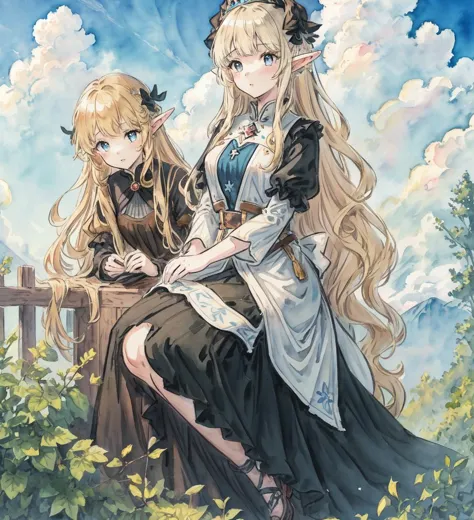 two anime girls sitting on a bench in the grass