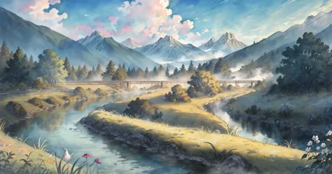 painting of a river running through a valley with mountains in the background